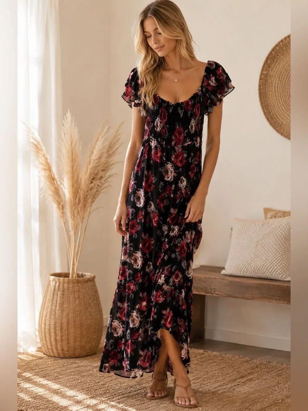 Altar'd State Black Maxi Dress with Red and Blush Floral Print